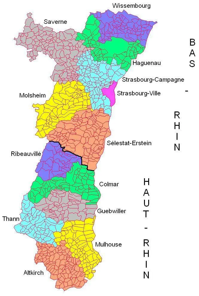 Carte de l'Alsace (Bas-Rhin et Haut-Rhin) situant nos artisans partenaires